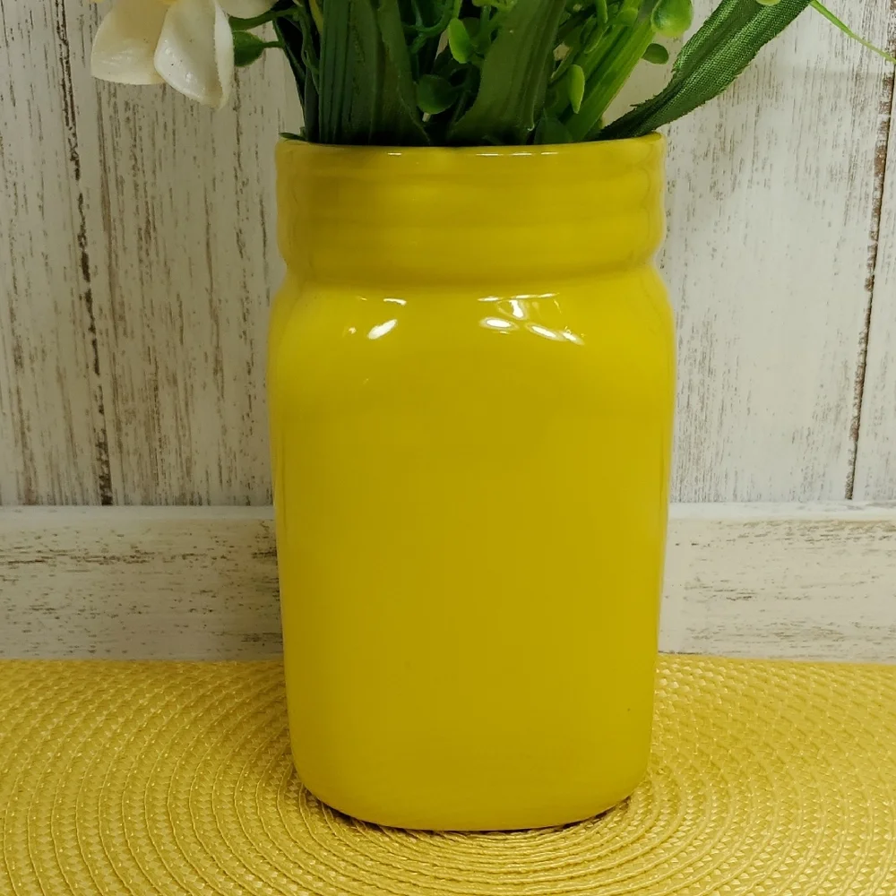 Mason Jar Yellow Vase Utensil Holder Summer Kitchen Home Decor Faux Flowers Vase